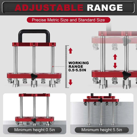 Adjustable range of Three Station Sheet Metal Bender Edge Roller for standing seam roofing tools, showing minimum and maximum heights