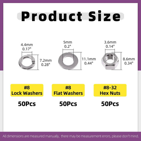 Image showing product sizes: #8 lock washers, #8 flat washers, and 8-32 hex nuts from 150-Piece SAE 304 Stainless Steel Hex Nuts Kit.