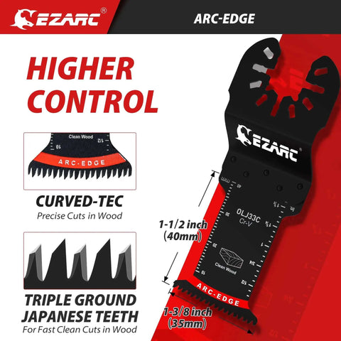 Close-up of black Japanese Tooth Oscillating Saw Blades Five Pack Arc Edge For Clean Cuts In Wood And Plastic CurvedTec Design