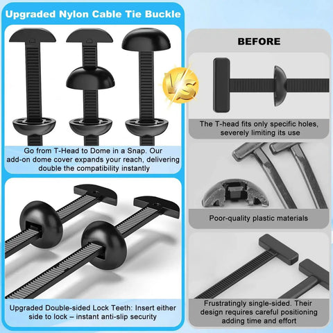Heavy Duty Car Fastener Kit No Hassle With 50Pcs Nylon Universal Cable Tie Buckles And Self Locking Zip Ties Pin And Button Upgraded Automotive Zipper Clips Dome Top Design shown with detail features.