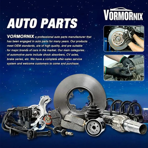 Various auto parts including brake discs and shock absorbers with backdrop of the VORMORNIX logo and service information.