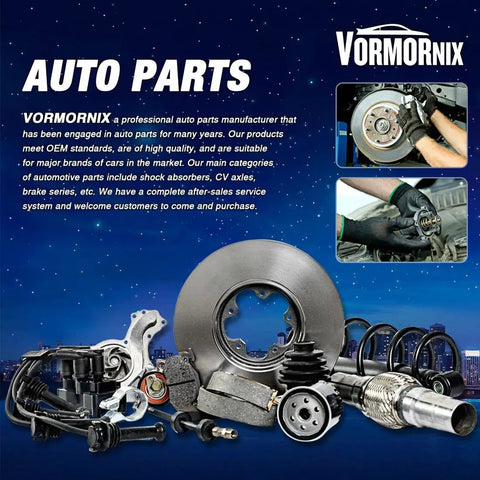 Auto parts assortment with brake rotor, shock absorbers, CV axles displayed on blue background.
