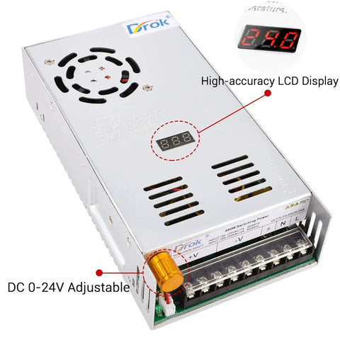Adjustable DC Power Supply 0 To 24V, 20A Buck Converter with LCD display and 110/220V input, showing side and top view.