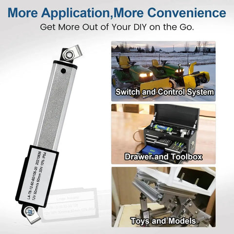 Side view of DC HOUSE Mini Electric Linear Actuator, 4-inch stroke, 12V DC, metal housing