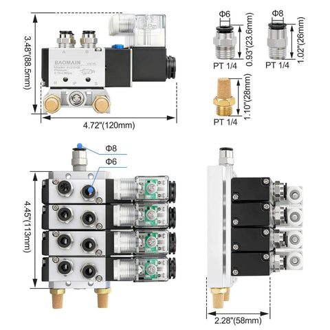 4 Station Solenoid Valve Manifold Kit, 12V DC 5 Way 2 Position Pneumatic Air Valve with 1/4 Inch PT Port, Model 4V21008 dimensions and connectors