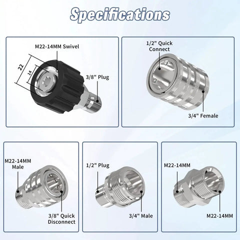 Stainless Steel Quick Connect Kit For Pressure Washer M22 To Three Eighths Inch Quick Disconnect, showing adapters and fittings