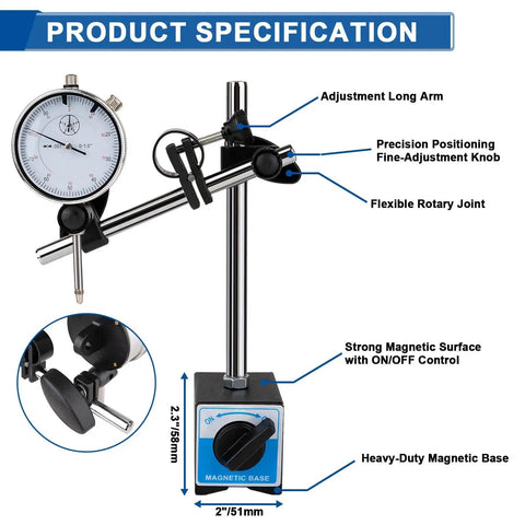 Precision Dial Indicator With Magnetic Base Rpeconu Pro Grade 0-1 Inch Range And 0.001 Inch Resolution, shown with adjustable arm and magnetic base
