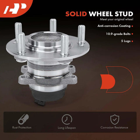 Two Pack Rear Wheel Bearing And Hub Assemblies With ABS And 5 Lug For Kia Forte 2010 To 2013 Including Forte Koup And Forte5 2012 To 2013, High Load Capacity Ball Bearings For Smooth Ride And Easy Installation, shown with anti-corrosion coating and 5 lugs