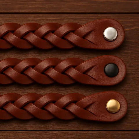 Braided Leather Drawer Pulls In Cognac Finish, 2 Pack, Measures 7-7/8 Inches Long By 1 Inch Wide, shown on wooden surface