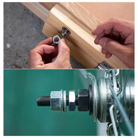 Hands installing 1 Inch Split Lock Washer Set 5 Pieces 304 Stainless Steel Spring Lock Washers For Screws And Bolts on wood and metal machinery