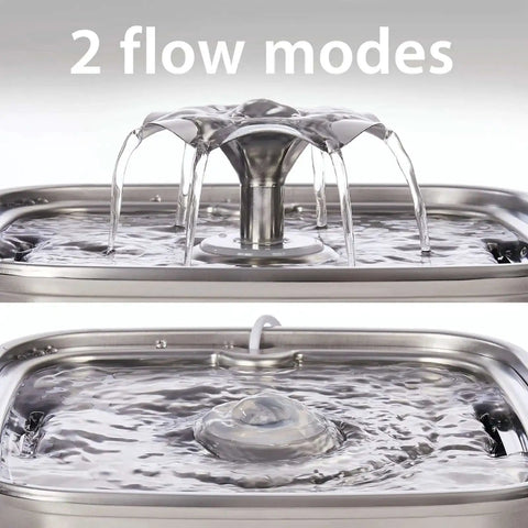 Award Winning Premium 304 Stainless Steel Cat Water Fountain 108 Oz 3.2 L shown with two water flow modes for cats and dogs.