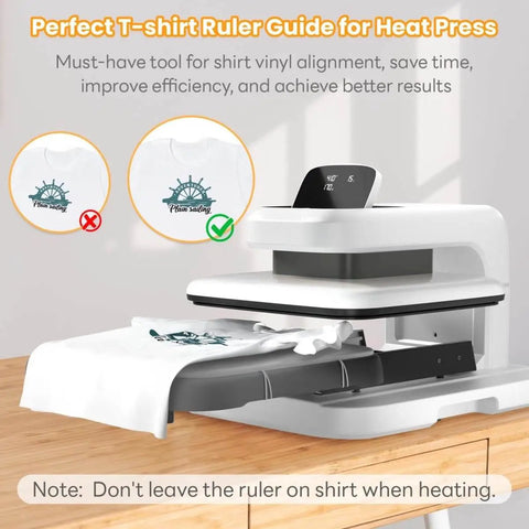 Heat press setup with Extra Large 14x8 T Shirt Ruler For Vinyl Alignment, Transparent PVC Centering Guide in use for design precision.