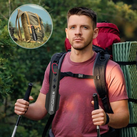 Hiker with gear and Ultralight Backpacking Trowel With Longer Handle Aluminum Camping Shovel for survival and hiking