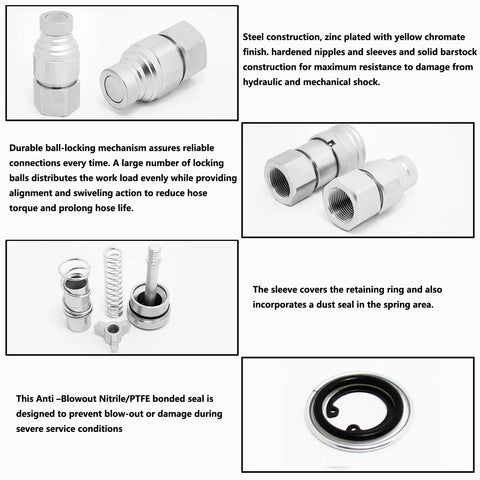 CEKER 1/4" NPT skid-steer flat-face hydraulic quick disconnect coupling, ISO 16028, zinc-plated steel with seals.