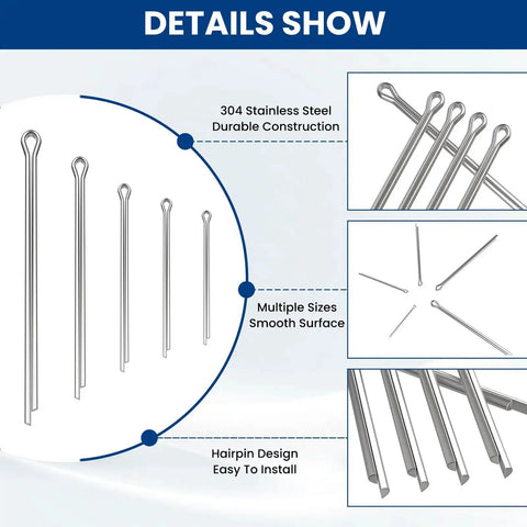 Stainless Steel Cotter Pin Set 50 Pieces Assortment Kit with 5 Sizes M1.5 X 25mm to M4 X 80mm for cars mechanics lawn mower
