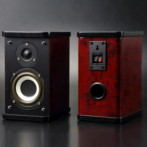 Black and red wood speakers with focus on back showing 4 Way Spring Terminal Clip Push Release Connector Plate Jack Socket