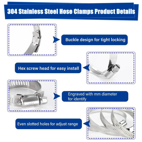 30 Pack 304 Stainless Steel Hose Clamp Set 3/8 To 5/8 Inch (10-16mm) Adjustable Worm Gear Fuel Line Clamps details