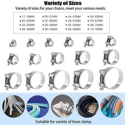 Variety of heavy duty 6 pack 17-19mm T bolt hose clamps made from 304 stainless steel with ear clamp design shown in multiple sizes and uses