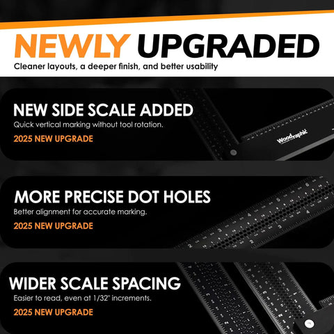 New features of Premium 8 Inch Aluminum Carpenter Square For Pro Level Right Angle Marking And Framing Layout In Woodworking With Machinist Grade Accuracy And Durable Lightweight Construction Woodraphic; includes new side scale, precise dot holes, and wider scale spacing.
