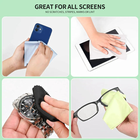 18 Pack Multicolor Microfiber Cleaning Cloths 7x6 For Eyeglasses Lenses Phones used on phone, tablet, watch, and glasses.
