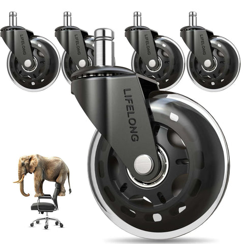 Set of heavy-duty chair caster wheels showcasing durability; includes an elephant on a chair for strength demonstration.