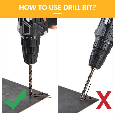 Correct and incorrect drilling technique with 29 Piece Drill Bit Set With 135 Degree Tip High Speed Steel Black And Gold Finish For Metal Plastic And Wood In Metal Indexed Storage Case One Sixteenth To One Half Inch.