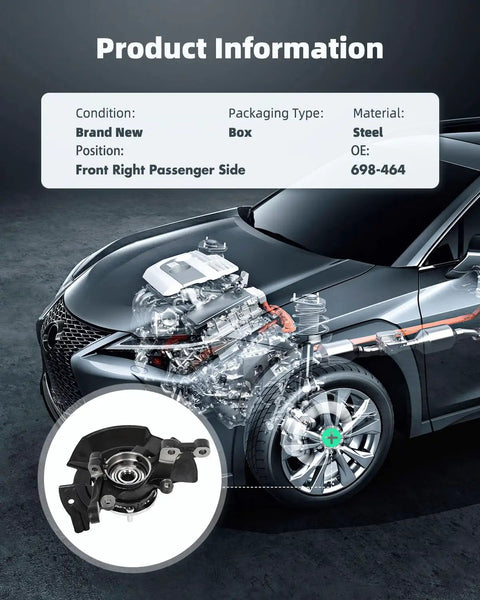 Front Right Steering Knuckle And Wheel Bearing Hub Assembly For Hyundai Sonata 2011 2012 2013 That Fits Without Sport Suspension 2.4L 14mm Bolt Hole 27 Splines OE Reference 698464 Replacement Part shown in car illustration.
