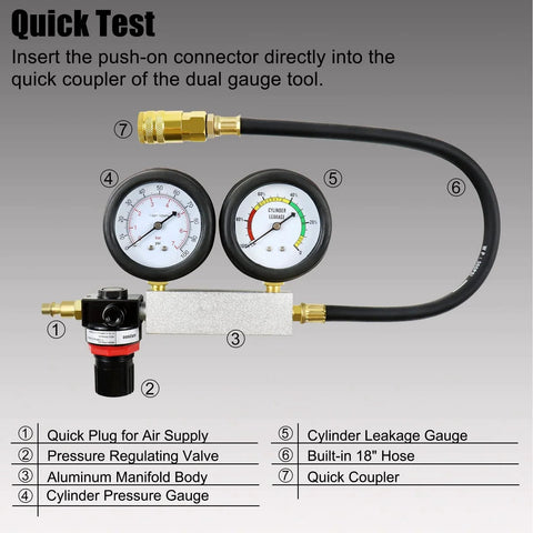 Leak Down Tester Kit For Cars And Small Engines With Dual Gauge Pressure Readout, metal manifold, and 18-inch hose.