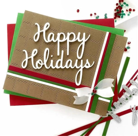Handmade card using Strip Frame Metal Die Cut Set For Scrapbooking And Card Making, decorated with 'Happy Holidays' text.