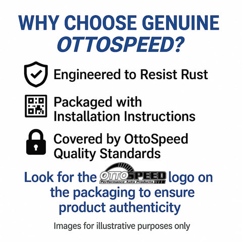 Text graphic displaying benefits of genuine OTTO SPEED products, highlighting rust resistance and packaging details.