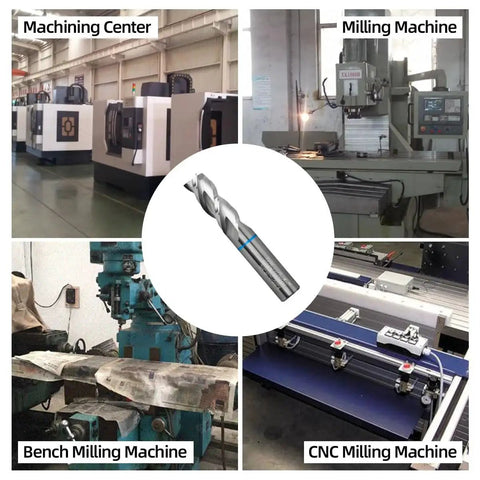 Go To Three Flute Carbide End Mill For Aluminum And Copper, Three Quarter Inch Diameter, Four Inch OAL shown with various machining equipment