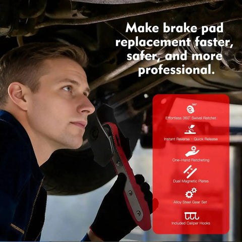 Installed view of Mumicol brake caliper compression tool in red with steel plates aiding piston compression under a vehicle
