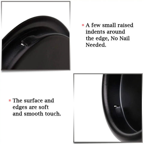 Close-up of black round insert door handle showing smooth soft edges and raised indents, part of the 4 Pack Closet Door Finger Pulls 2 1 8 Inch.