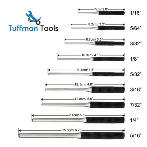 Roll Pin Punch Set 9 Piece For Gunsmithing Tool Kit Building And Watch Repair showing all sizes from 1/16" to 5/16"