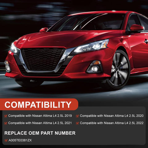 Red Nissan Altima L4 2.5L front view showing compatibility list for Premium 120 Amp Alternator Replacement with A005TE0381ZX Part Number.