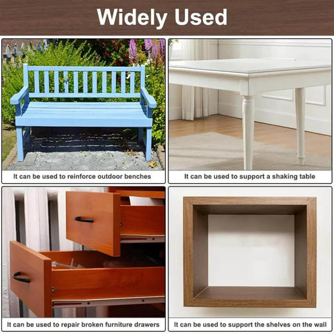 Sample uses of White 2.5 Inch Stainless Steel L Bracket 6 Pack for reinforcing benches, supporting tables, repairing drawers, and shelving.