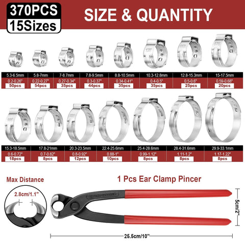 Amazon Hydencamm 370-piece stainless steel hose clamp set, 15 sizes, with ear clamp pincer