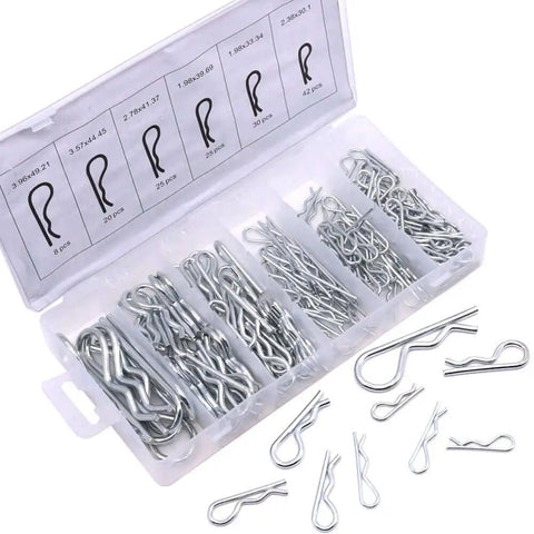 Heavy Duty Zinc Plated Hair Pin Cotter Pin And Hitch Pin Assortment Kit 150 Pieces In Six Sizes Clear Storage Box Corrosion Resistant Steel Fasteners