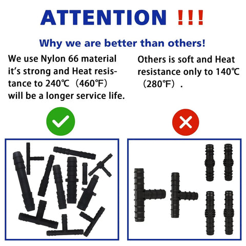 Comparison of Heavy Duty Nylon Vacuum Connector Kit for Automotive Hoses, Nylon 66 vs low heat resistance connectors