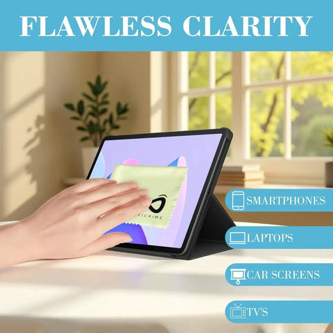 Hand using microfiber cloth on tablet, showcasing "Microfiber Glasses Cloth 15 Pack 6x7 Scratch Free Assorted Colors For Screens"