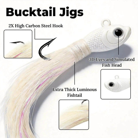 Premium Bucktail Jigs With Hair Lures, Five Pack 0.25 Ounce To 2.0 Ounce Jig Heads For Real Saltwater Action