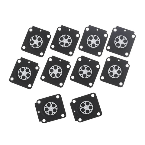 Metering diaphragm set, Hicello 10-piece for Zama A015053 carburetor; black square diaphragms with silver center discs, front view