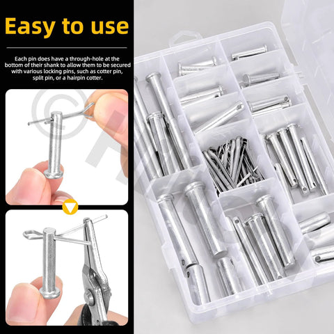 51 Piece Clevis Pins Assortment Kit With Zinc Plated Cotter Pins Includes 18 Sizes M5 M6 M8 M10 M12 Flat Head Single Hole Round Pins T Shape Design Great For Mechanical Repair Automotive And DIY Projects in transparent box with close-up inset of installation using pliers.