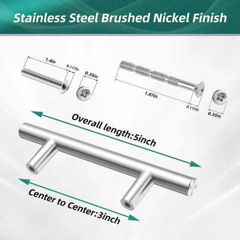 40 Pack Brushed Nickel Stainless Steel Kitchen Cabinet Handles Drawer Pulls, 5 Inch Length With 3 Inch Hole Center dimensions