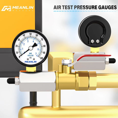 Meanlin 2-inch steel air test gauge, dual-scale 0-100 psi and bar, 3/4 FNPT connection, mounted on brass piping.