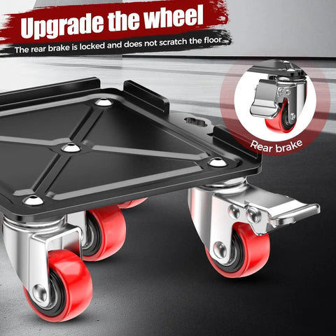 Close-up of heavy duty furniture dolly with 360 degree rotating wheels and brakes, 6.3 inch non slip sliders red.