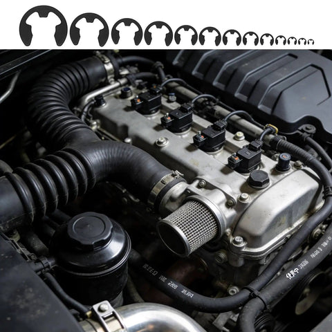 Engine with various E Clip sizes for 1100 Piece E Clip Retaining Rings Set, C Clips and Snap Rings Assortment Kit for Auto Parts Repair.