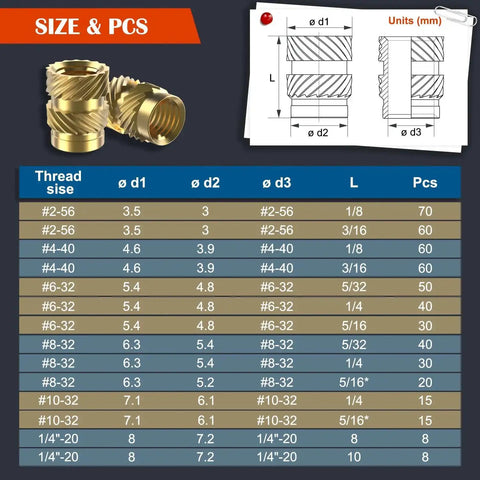 SAE Threaded Inserts Kit With Brass Heat Set Inserts For Plastic And 3D Printing, Includes 2-56 4-40 6-32 8-32 10-32 And 1/4-20 Female Threads, chart showing sizes and dimensions