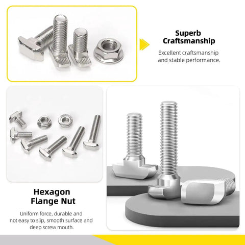 40 Series M8 T Slot Drop In Bolts Set With Hammer Head Pro Grade M8x16mm M8x20mm M8x25mm M8x30mm M8x35mm M8x40mm Flange Nut For Aluminum Extrusion European Standard 60 Piece Kit displayed with hexagon flange nuts