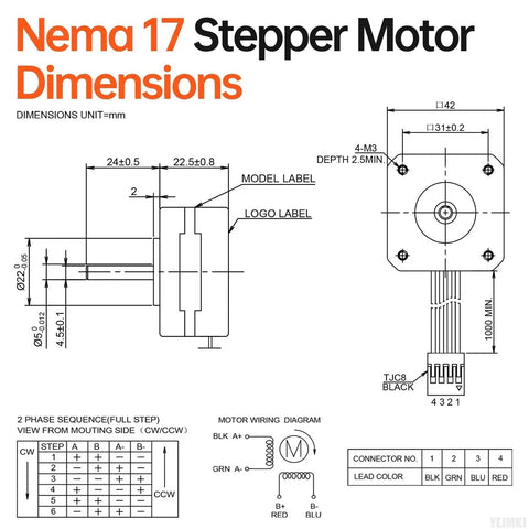 3 Pack Nema 17 Stepper Motors Kit For 3D Printer DIY CNC Robot 2 Phase 1.8 Degree High Torque Bipolar 0.16 Nm 0.8 A dimensions diagram